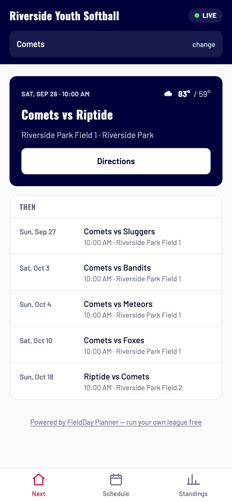 What a parent sees from the share link: their team's next game, the forecast, directions, and every game after it. No account.