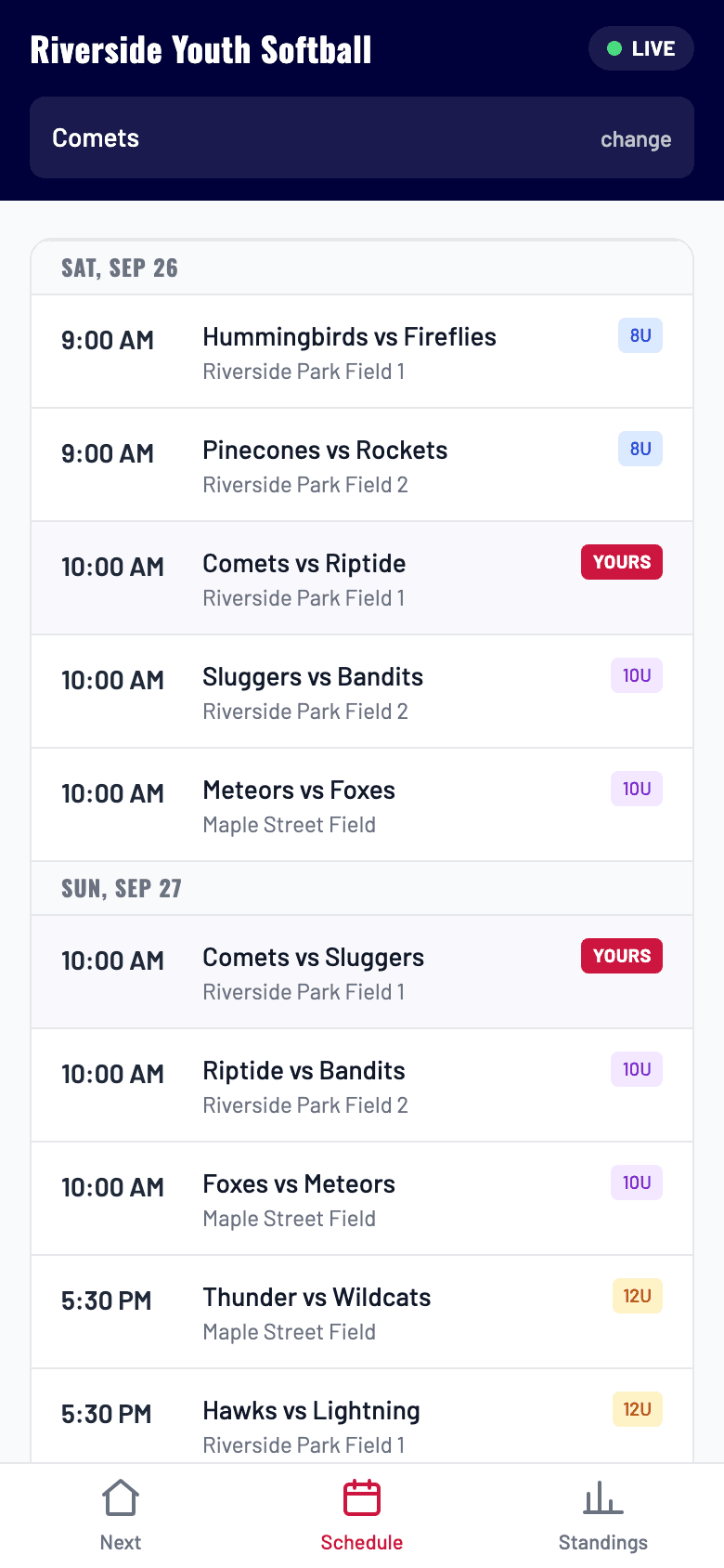The whole league on a phone, with their own team's games marked.