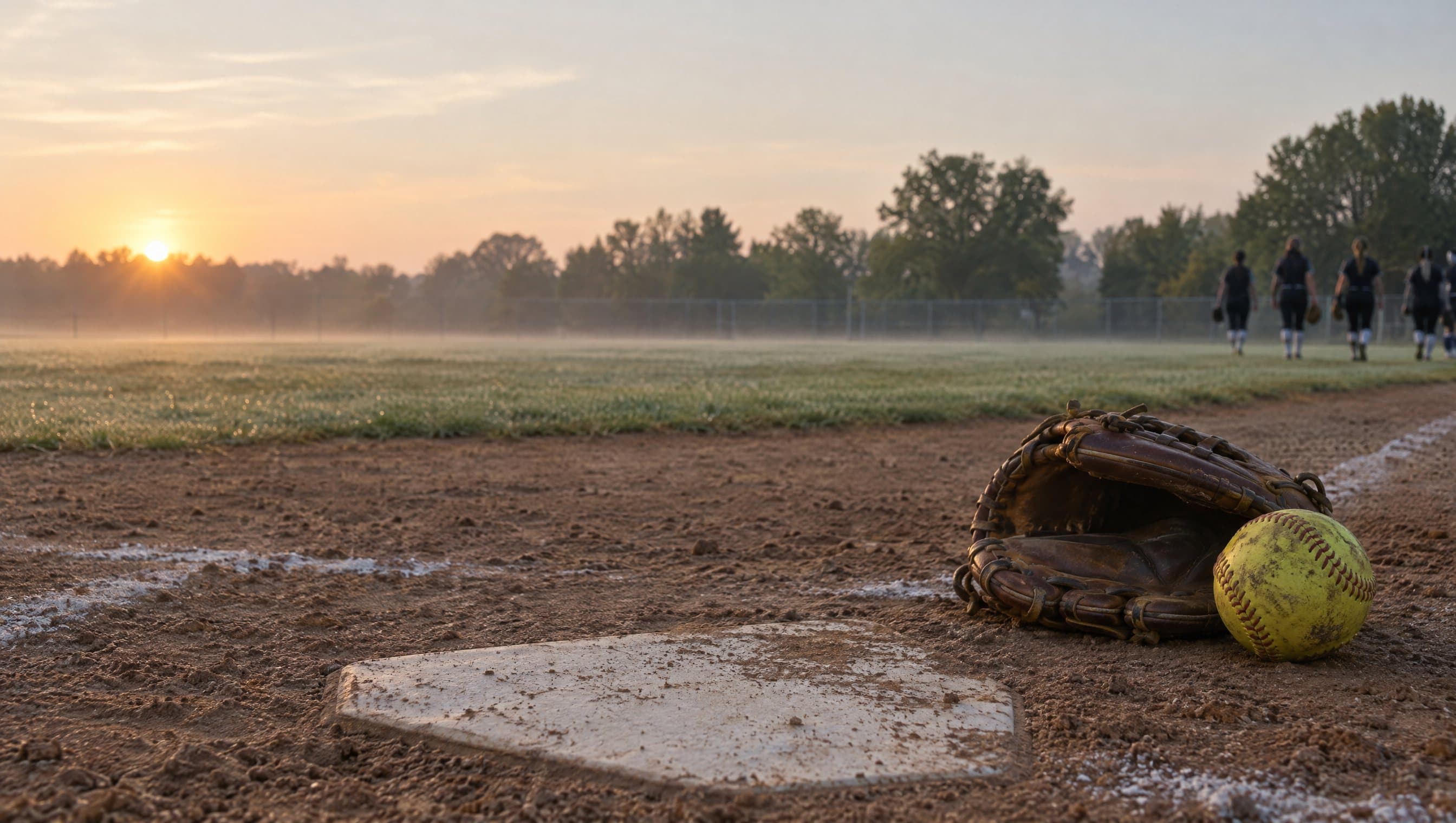 A softball field at sunrise, a glove and ball by home plate