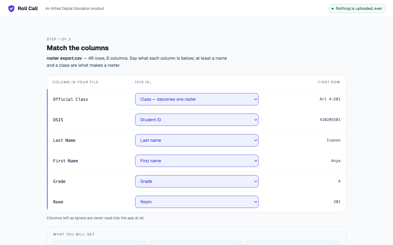Matching the columns of a roster export — Roll Call shows the first row of each column so you can recognise it at a glance.